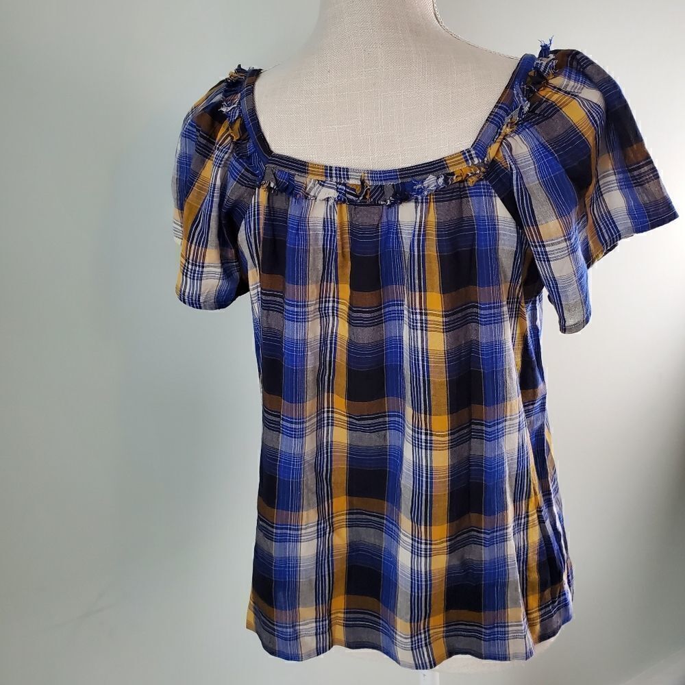 VINCE CAMUTO SUNSET PLAID RUFFLED SQUARE NECK TOP ELECTRIC BLUE SIZE XS - Picture 3 of 6